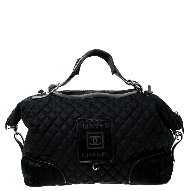 Pre Owned Chanel Black Quilted Nylon and Calfhair Oversized Weekender Bag