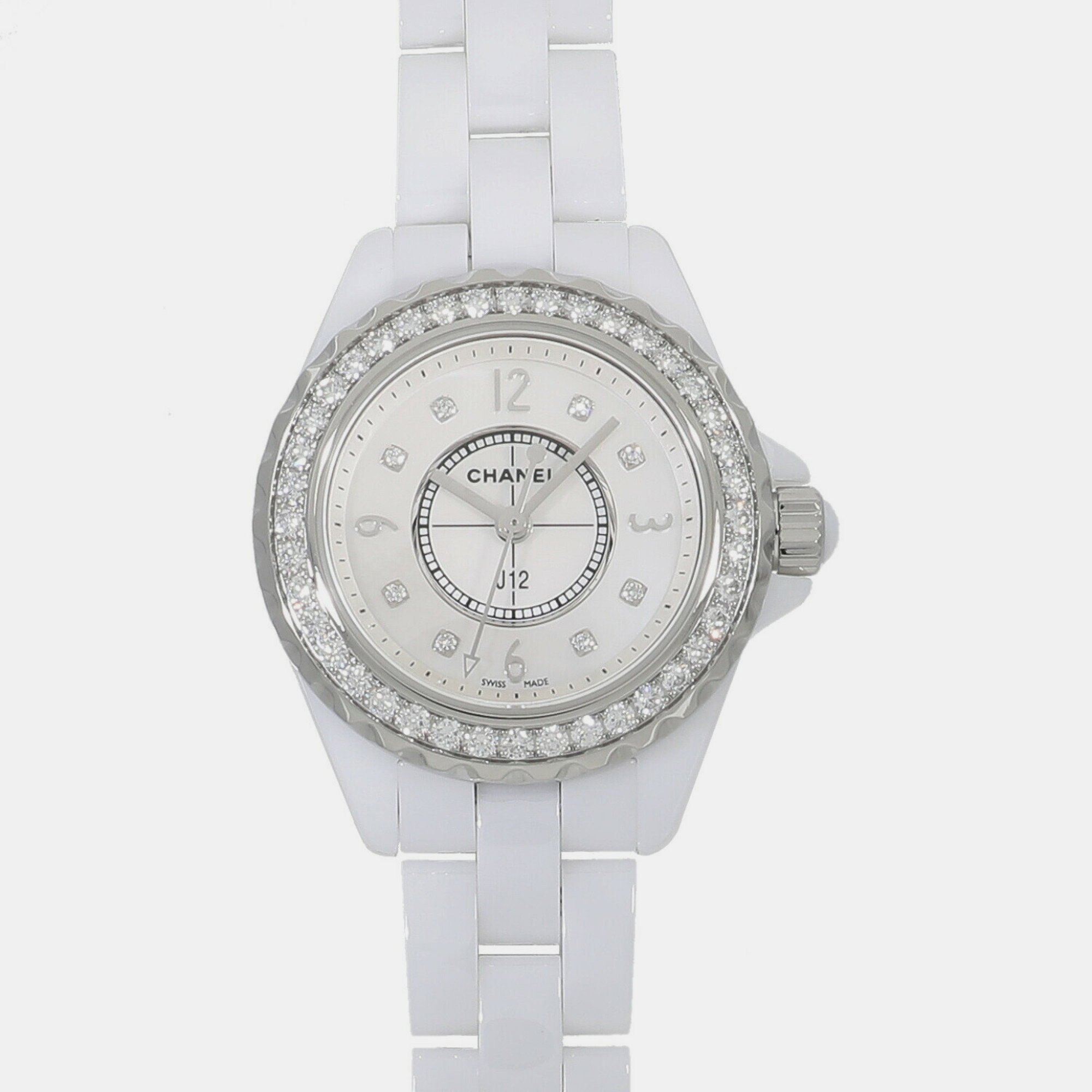 

Chanel White Shell Diamond Ceramic J12 H2572 Quartz Women's Wristwatch 29 mm