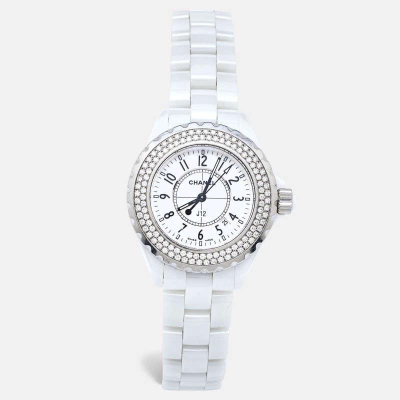 

Chanel White Ceramic Stainless Steel Diamond J12 H0967 Women's Wristwatch