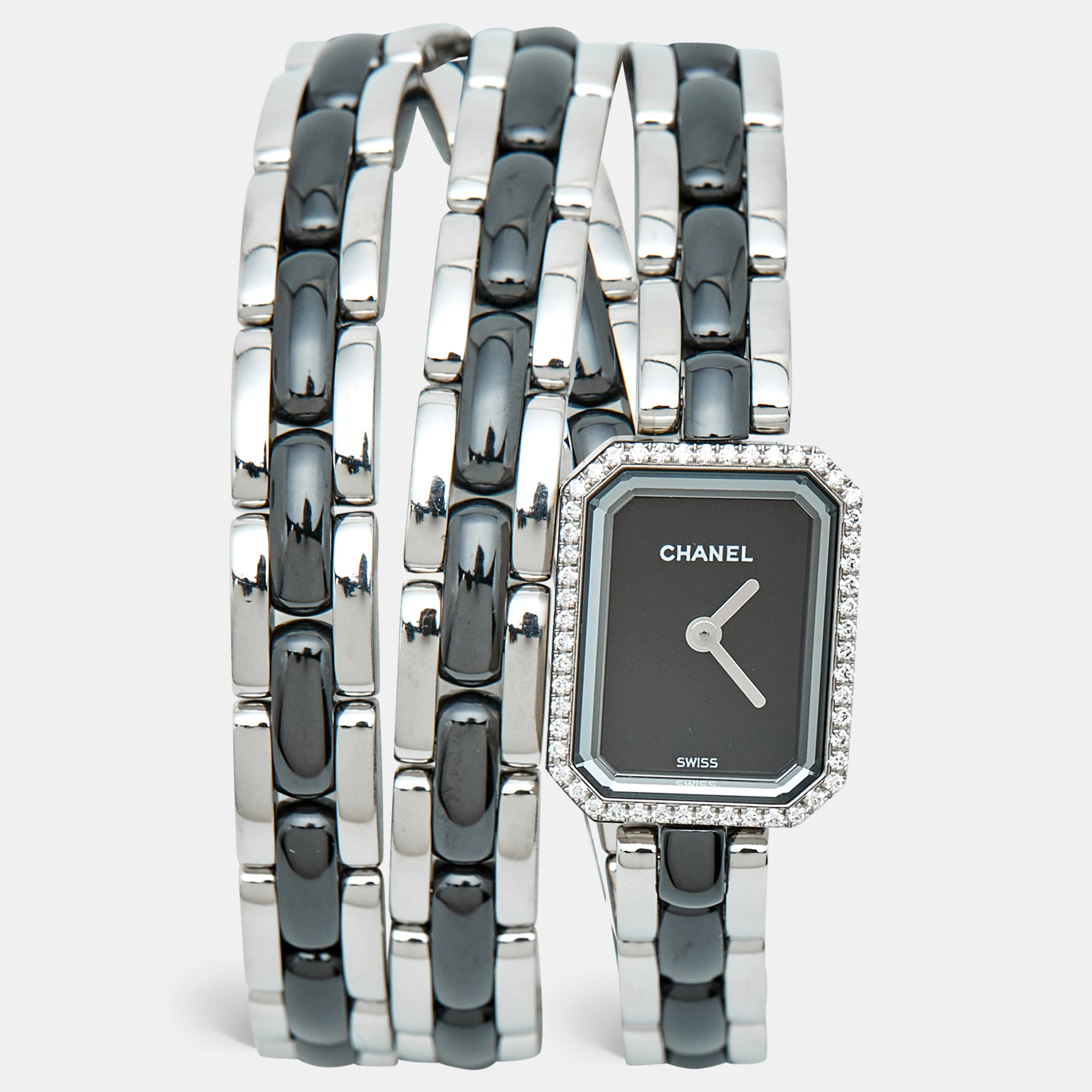 Pre-owned Chanel Premiere H3058 Black Dial Ceramic Stainless Steel Diamond Women's Wristwatch 15 Mm