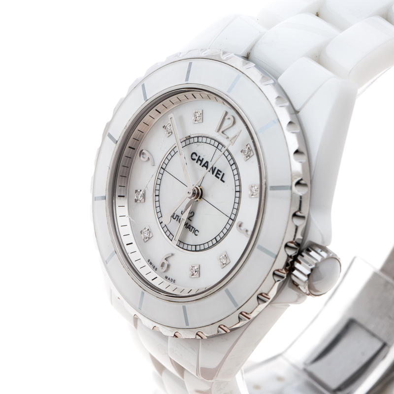 

Chanel White Mother of Pearl Ceramic Diamond J12 Unisex Wristwatch