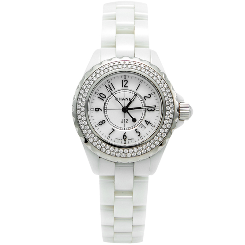 Chanel White Ceramic J12 Diamond Bezel Women's Watch 33MM Chanel