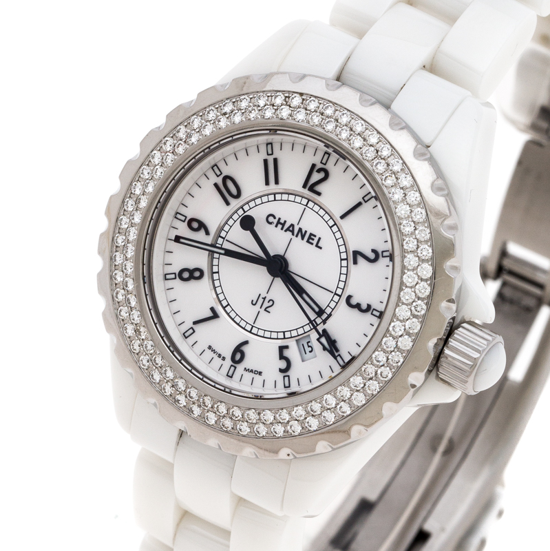 

Chanel White Stainless Steel and Ceramic Diamond J12 Women's Wristwatch