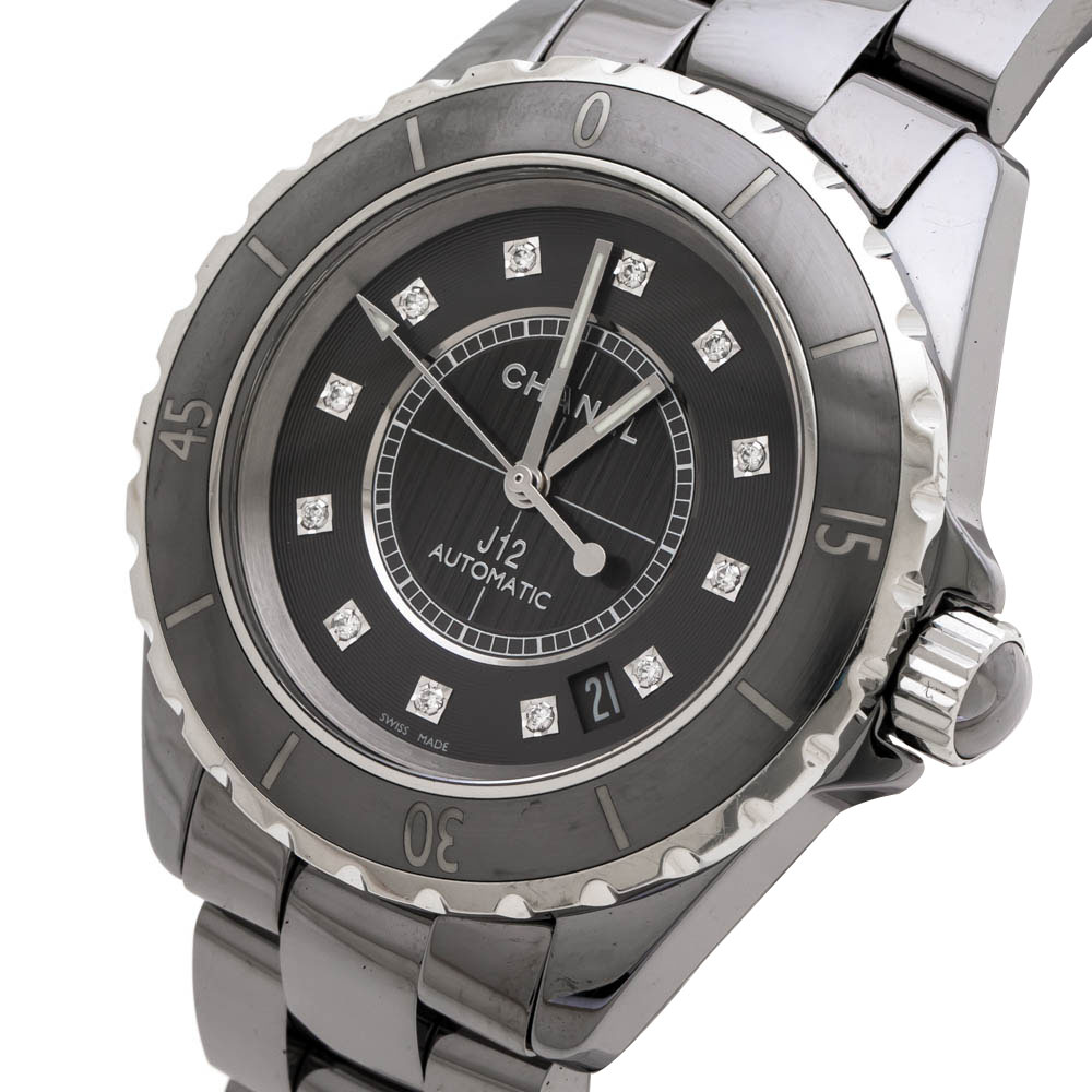 

Chanel Grey Ceramic Stainless Steel Diamond J12 H3242 Women's Wristwatch