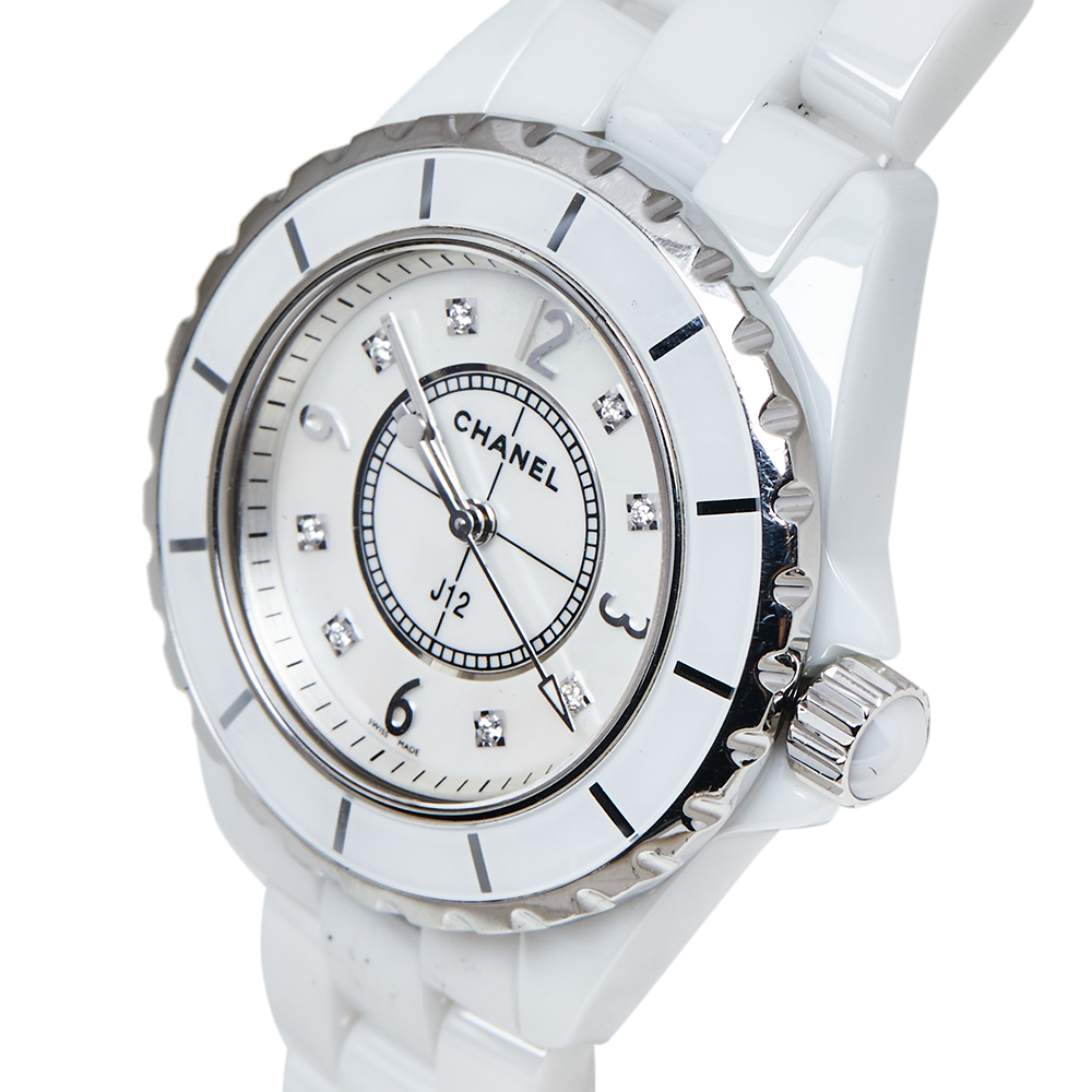 

Chanel Mother Of Pearl Stainless Steel & Ceramic Diamonds J12 Women's Wristwatch, White