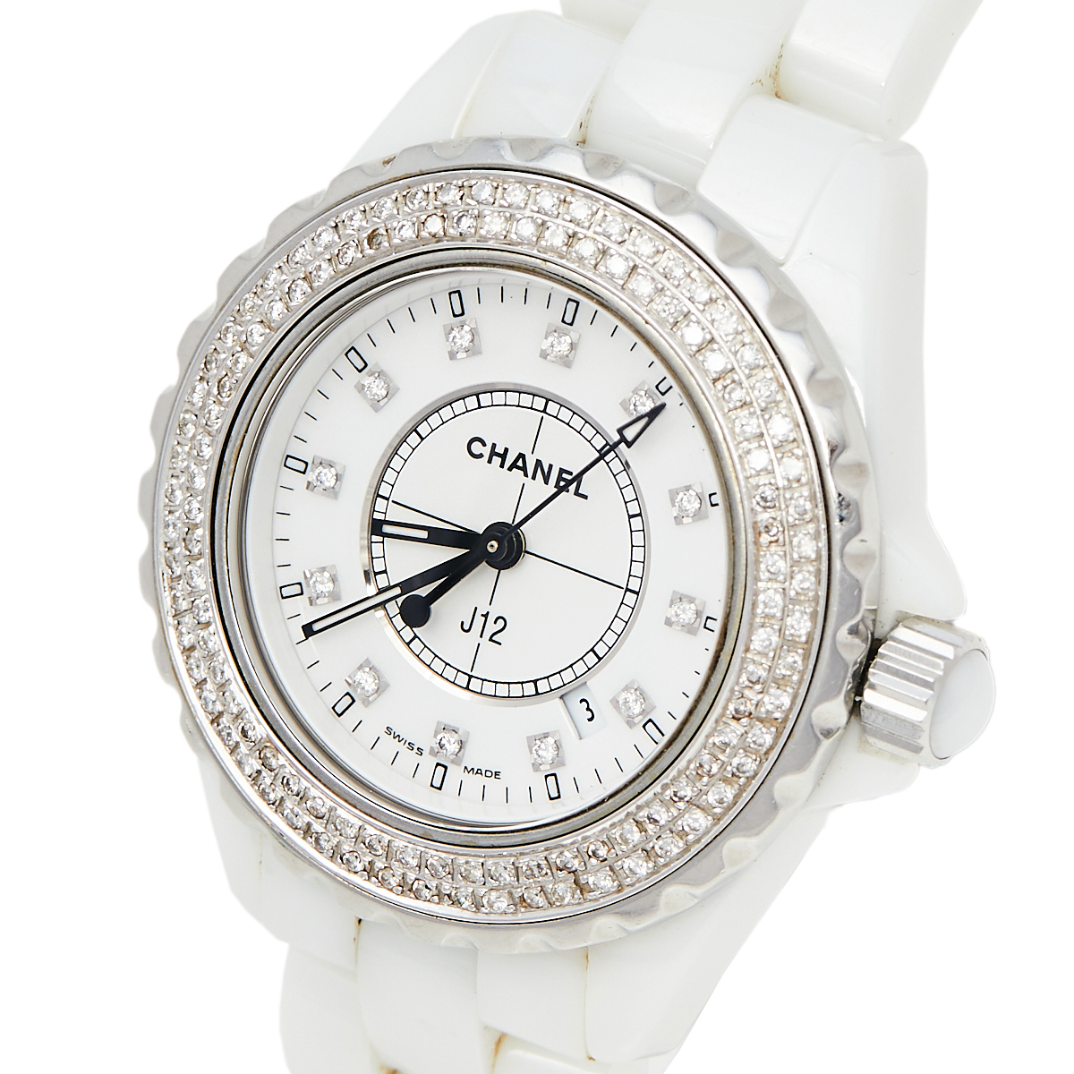 

Chanel White Ceramic and Stainless Steel Diamond J12 Women's Wristwatch