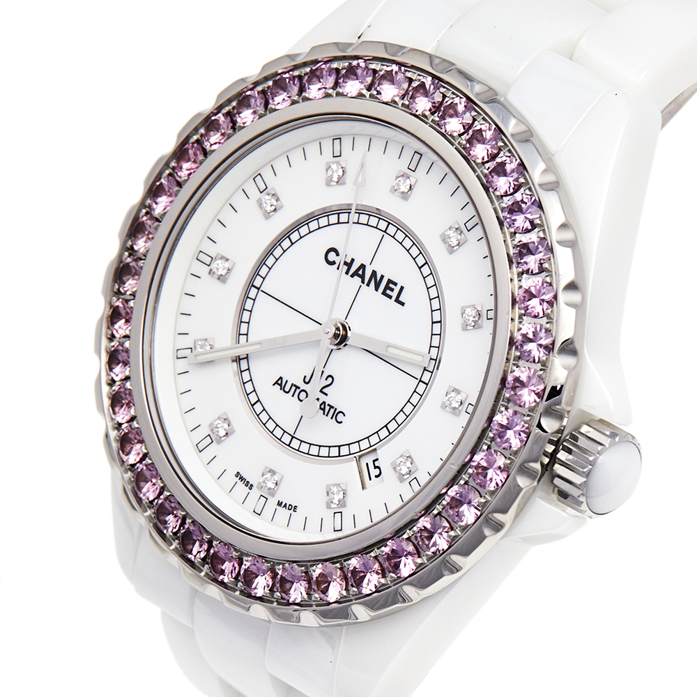 

Chanel White Ceramic Diamonds Pink Sapphire J12 H3243 Women's Wristwatch