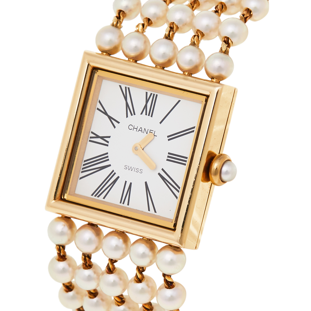 

Chanel White 18K Yellow Gold Cultured Pearl Mademoiselle H0007 Women's Wristwatch 23 mm