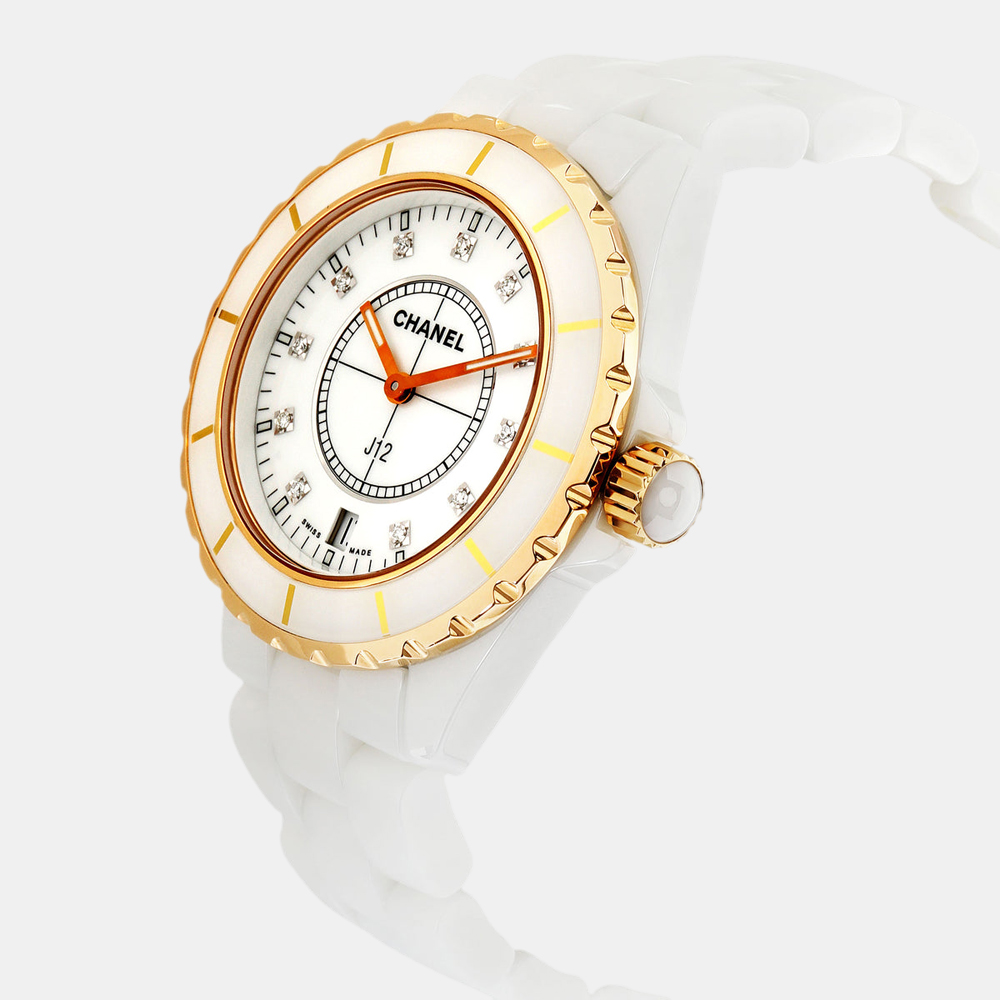 

Chanel White Diamonds Gold Tone Ceramic J12 H2180 Women's Wristwatch 38 MM