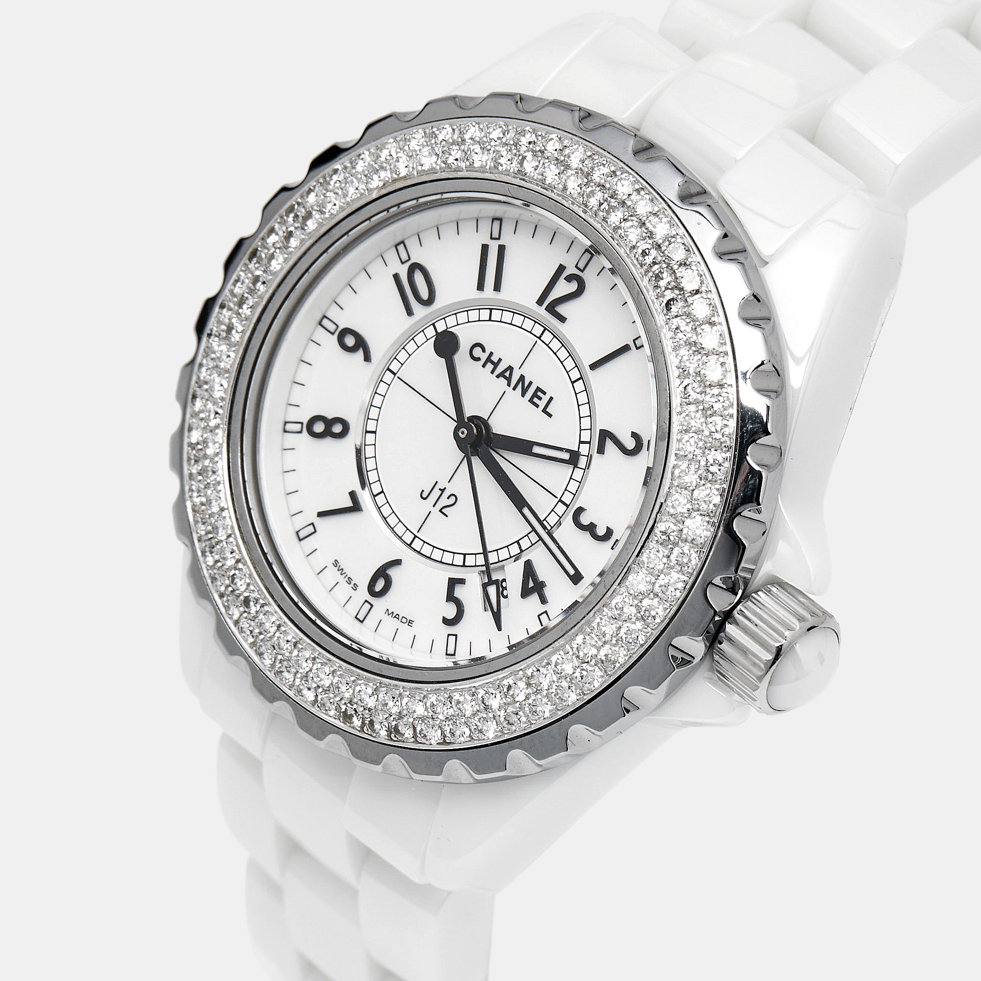 

Chanel White Ceramic Stainless Steel Diamond J12 Women's Wristwatch