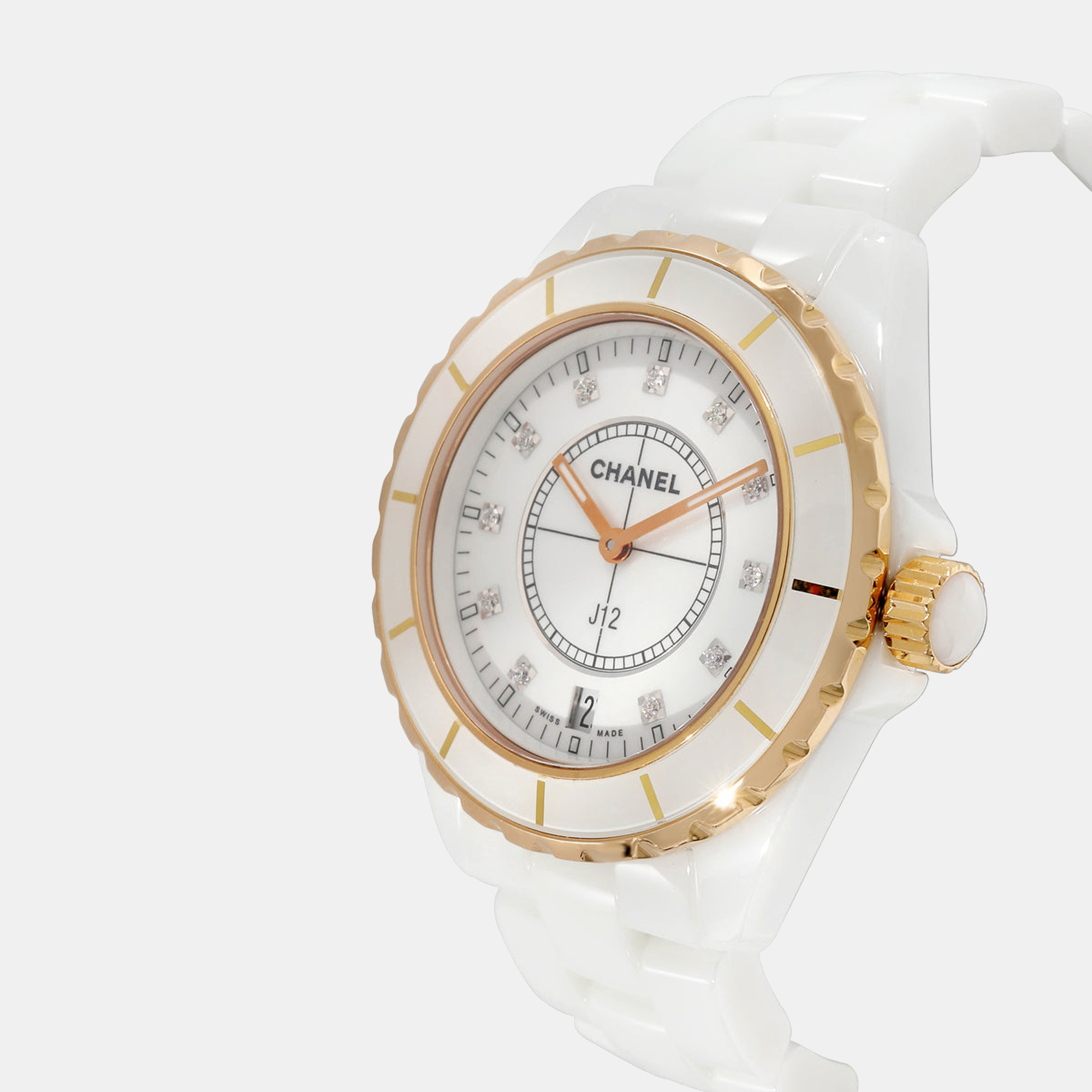 

Chanel White Diamonds 18K Yellow Gold And Ceramic J12 H2180 Women's Wristwatch 38 mm