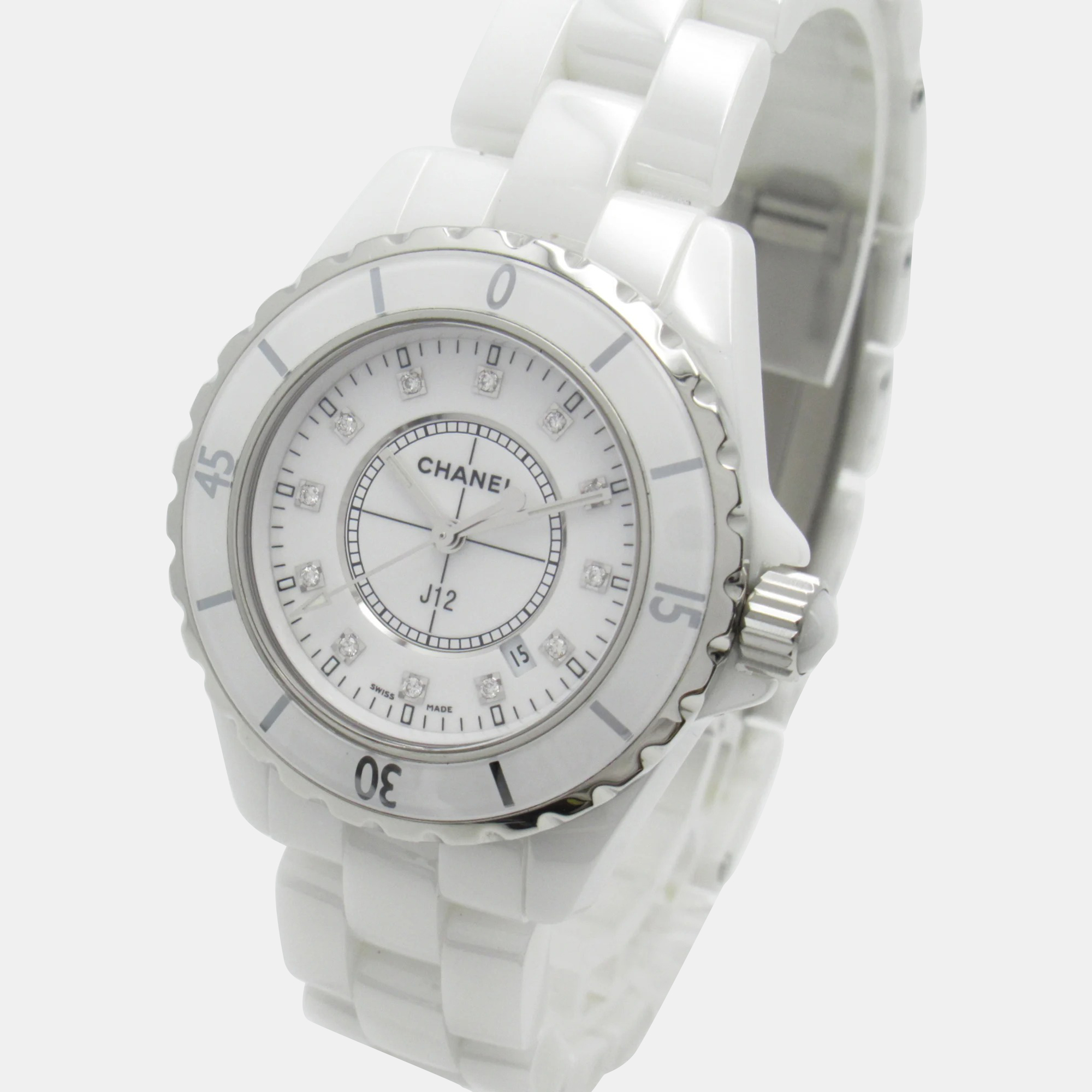 

Chanel White Ceramic Diamond J12 H1628 Quartz Women's Wristwatch 33 mm