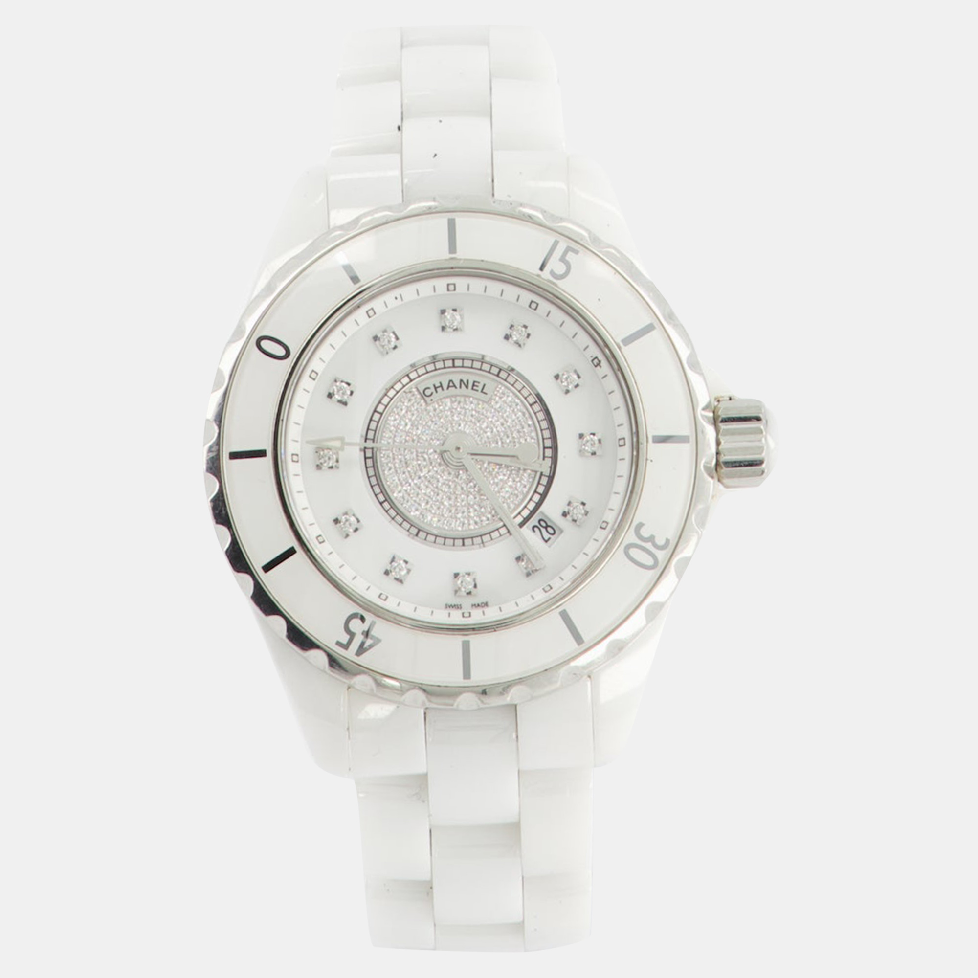Pre-owned Chanel J12 White Ceramic Watch With Ceramic Diamond Dial And Silver Hardware