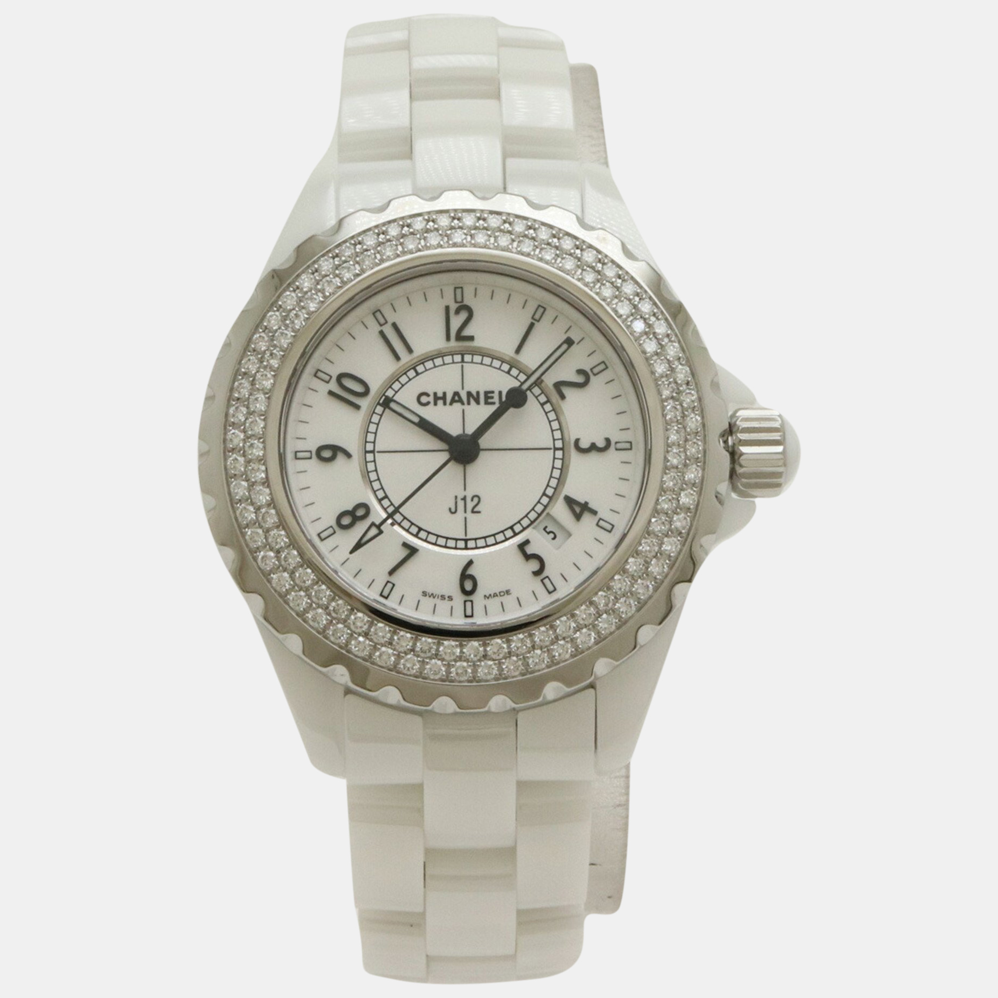 Pre-owned Chanel White Stainless Steel And Diamond J12 H0967 Women's Wristwatch 34mm