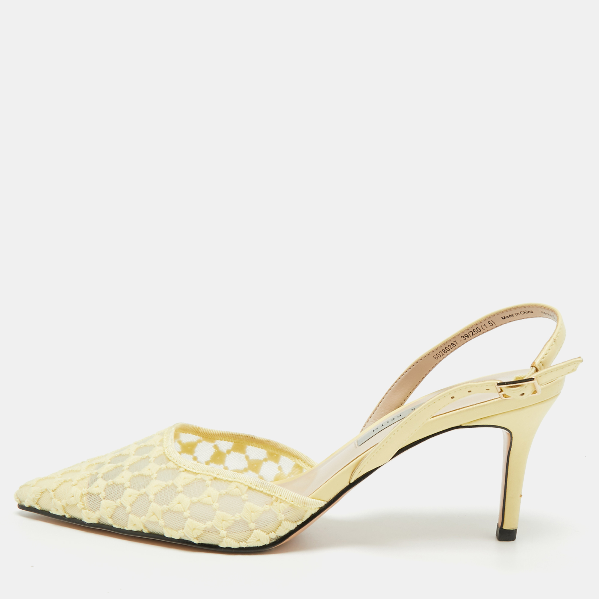 Pre-owned Charles & Keith Size 39 Yellow Fabric And Net Slingback Pumps