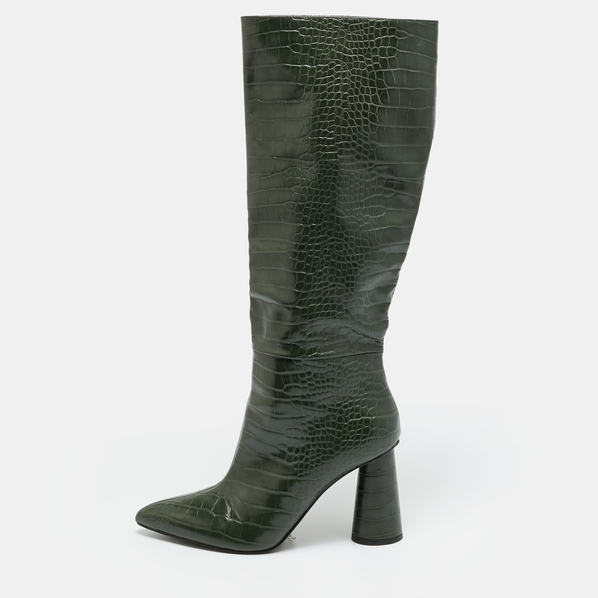 

Charles & Keith Size  Green Croc Embossed Leather Knee Length Boots
