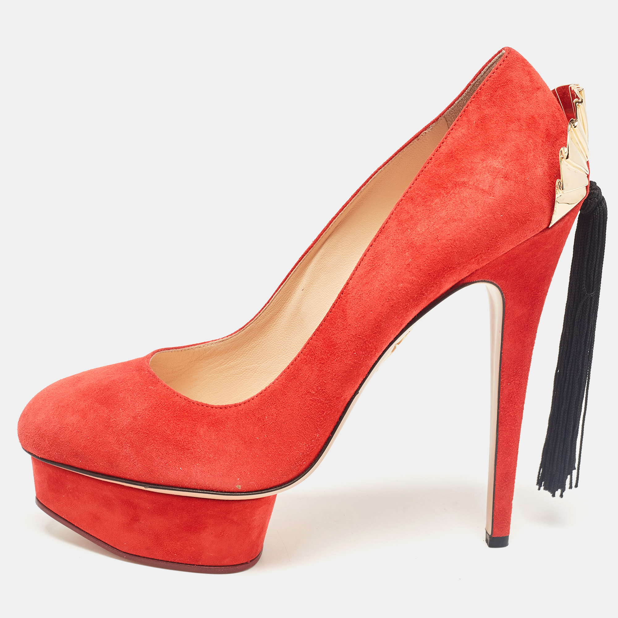 

Charlotte Olympia Orange Suede Fan Tassel Dolly Pumps Size