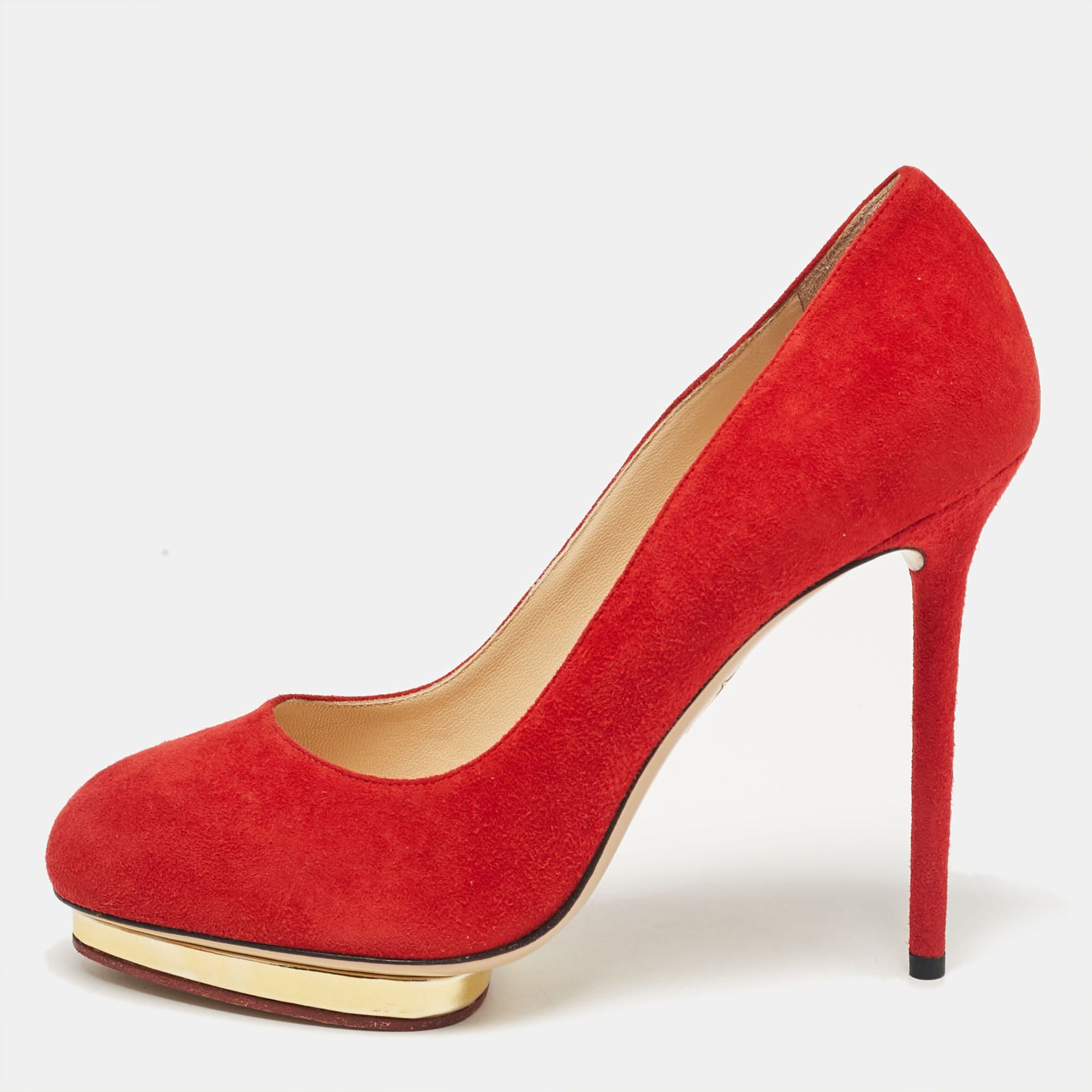 

Charlotte Olympia Red Suede Dolly Platform Pumps