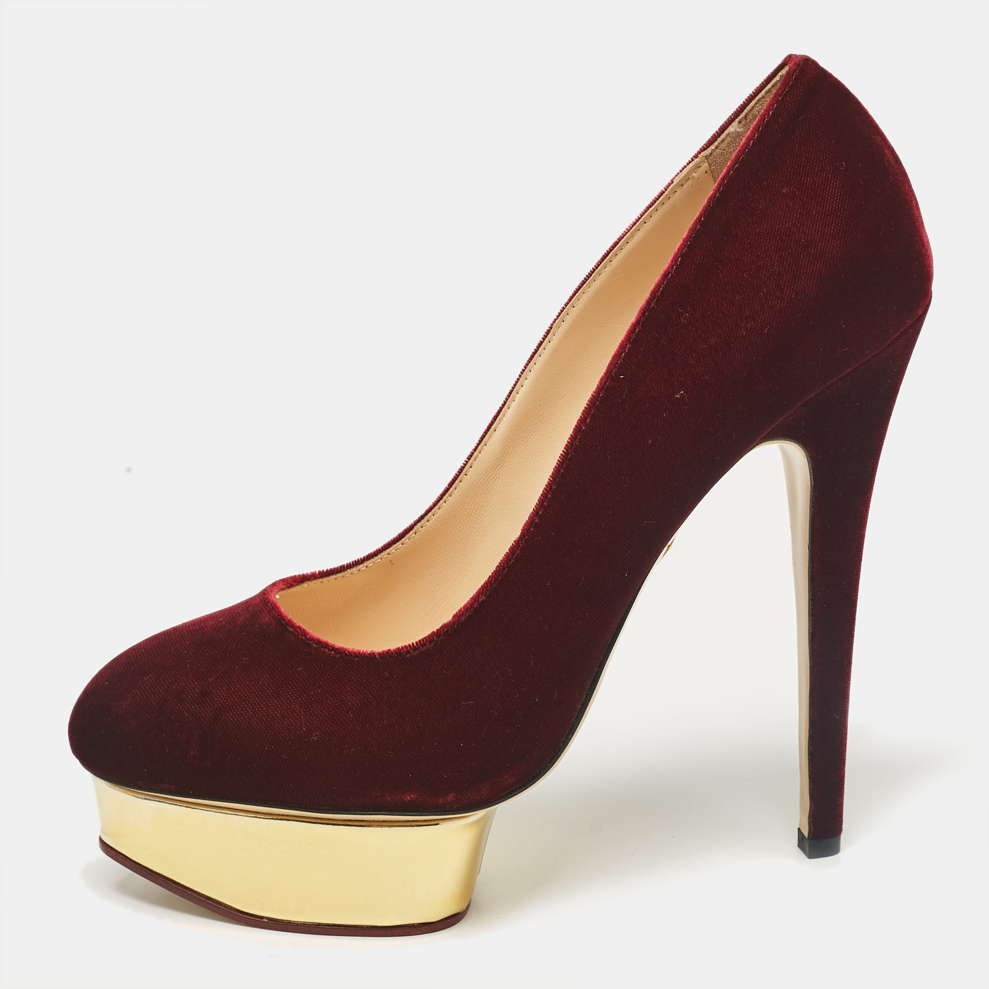 

Charlotte Olympia Burgundy Velvet Dolly Platform Pumps Size