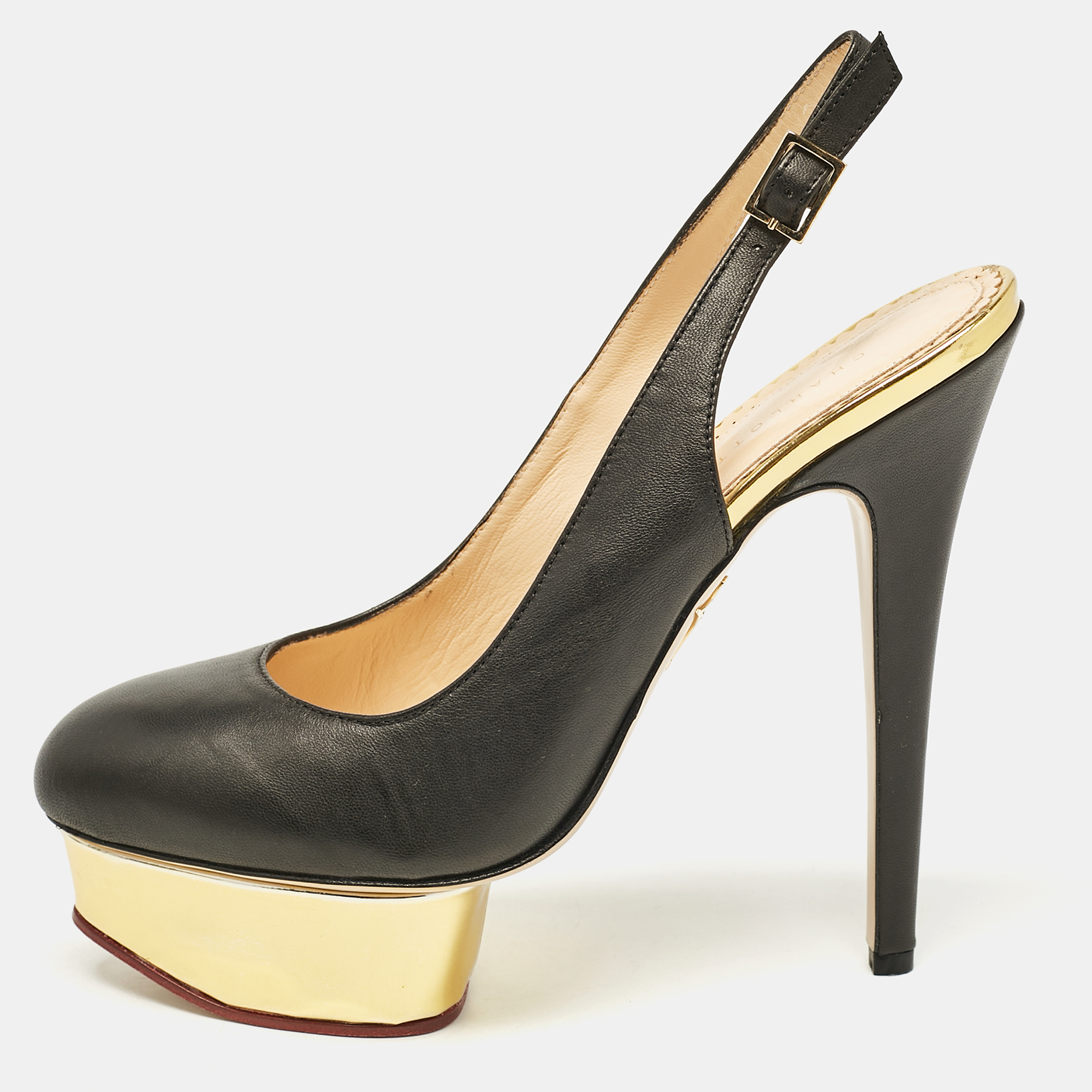 

Charlotte Olympia Black Leather Dolly Slingback Pumps Size