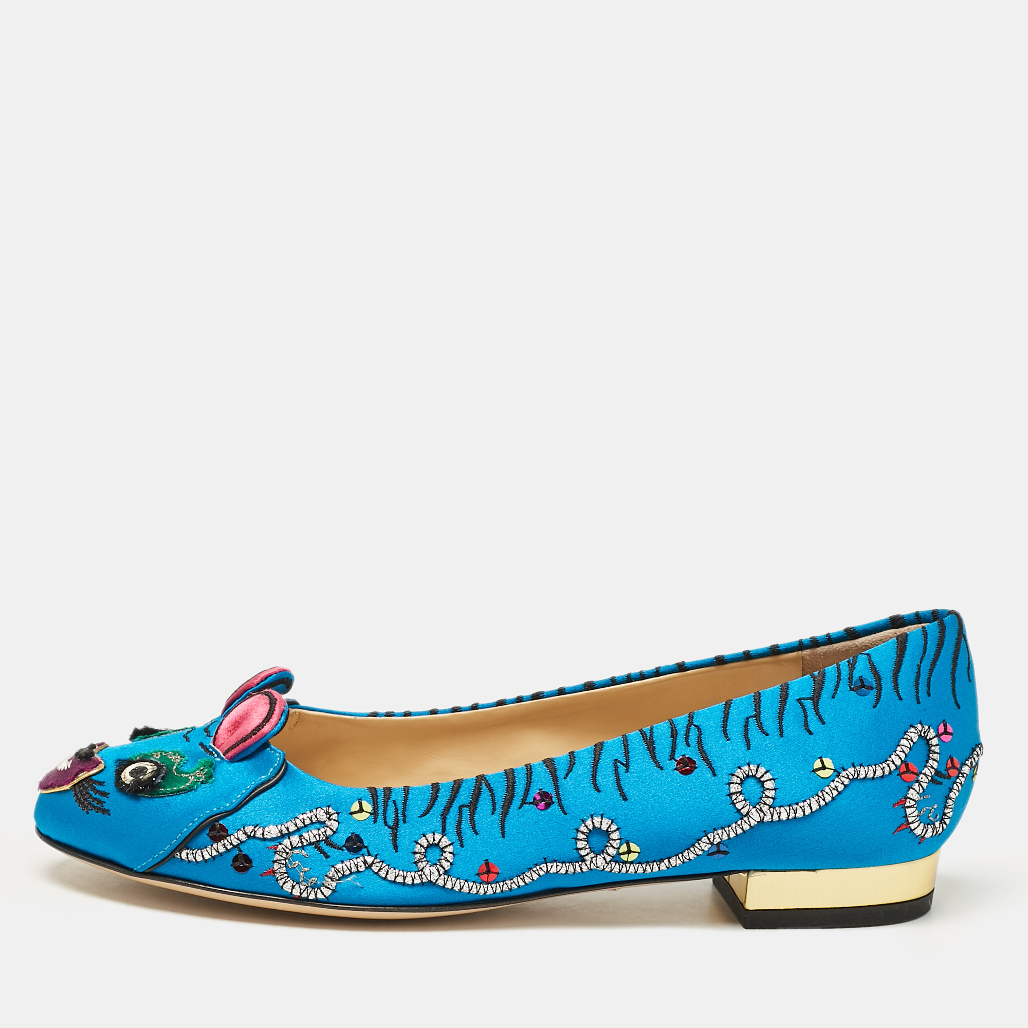 

Charlotte Olympia Blue Satin Crouching Tiger Ballet Flats Size