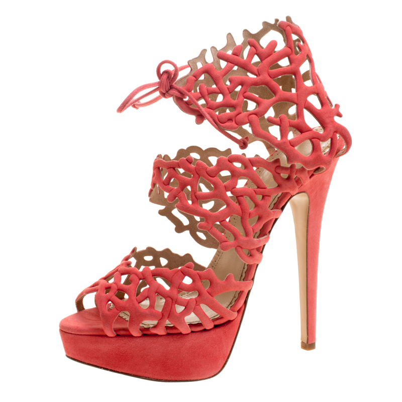 

Charlotte Olympia Coral Laser Cut Suede Goodness Gracious Reef Platform Sandals Size, Orange