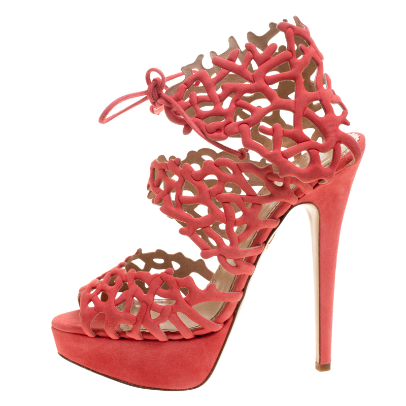 Pre-owned Charlotte Olympia Coral Laser Cut Suede Goodness Gracious Reef Platform Sandals Size 39 In Orange