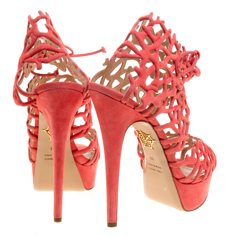 Pre-owned Charlotte Olympia Coral Laser Cut Suede Goodness Gracious Reef Platform Sandals Size 39 In Orange