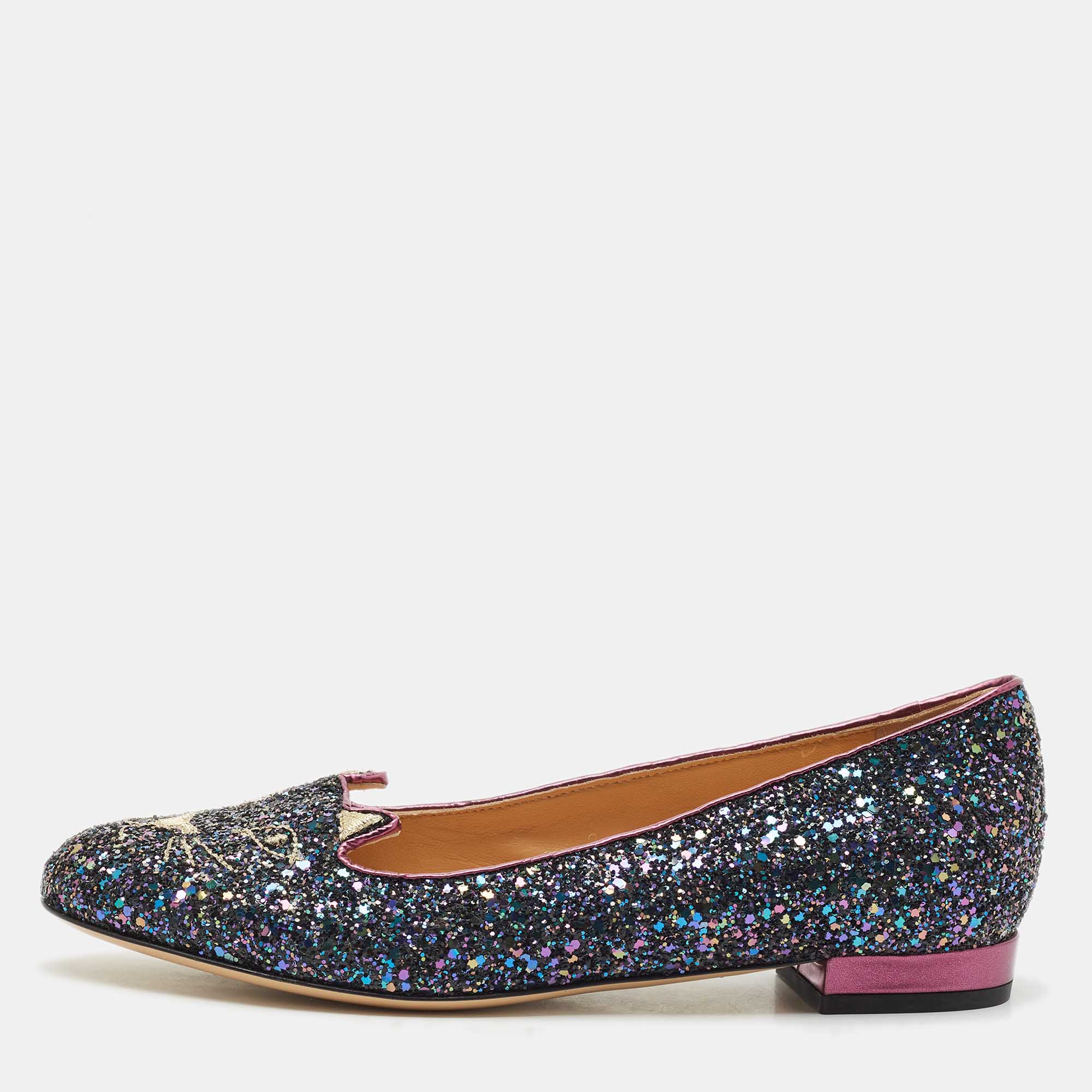 

Charlotte Olympia Multicolor Glitter Cat Ballet Flats Size