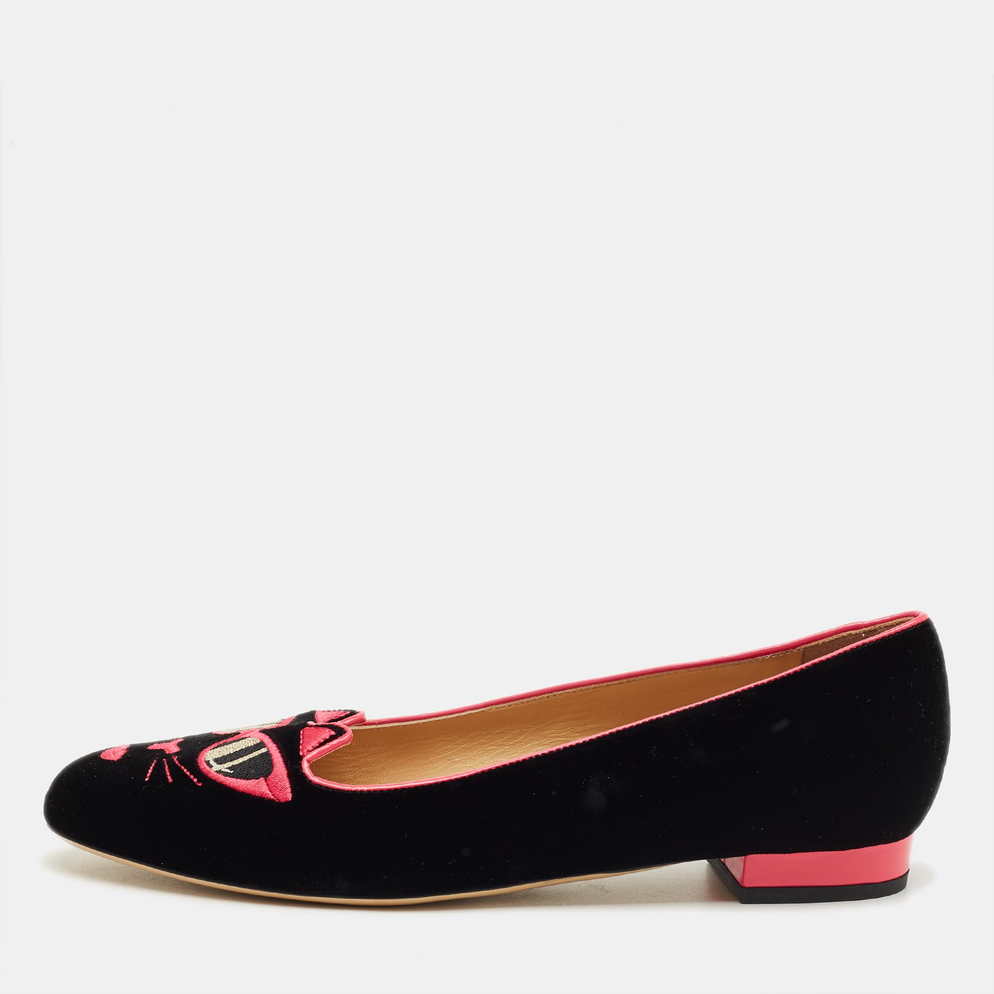 Pre-owned Charlotte Olympia Black/pink Velvet Kitty Ballet Flats Size 40