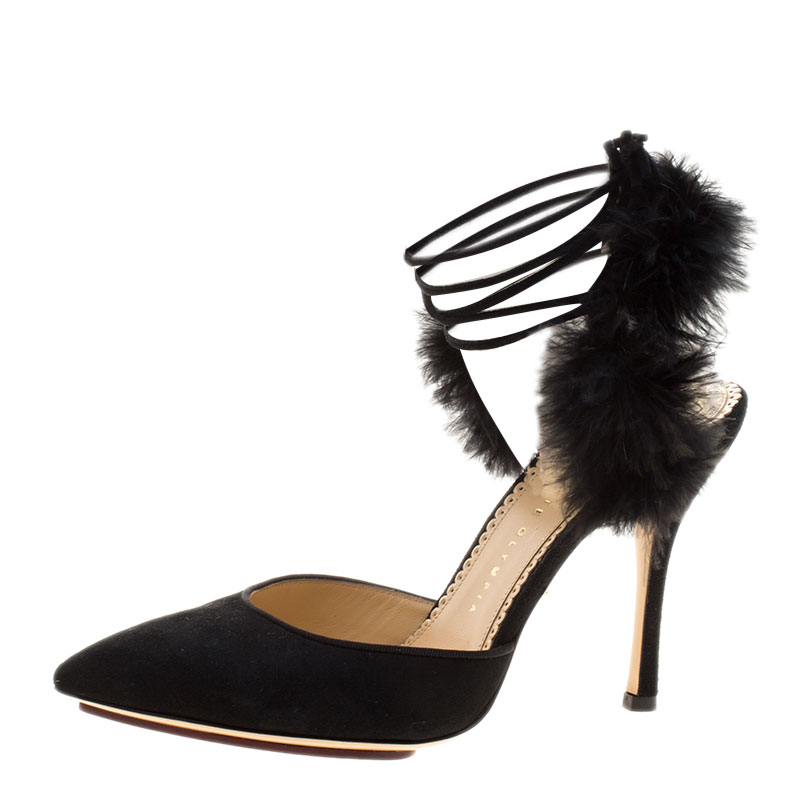 مملوكة مسبقًا Charlotte Olympia Black Suede and Fur Trim Tango Pointed Toe Sandals Size 38