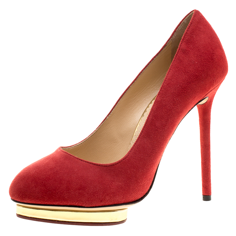 Pre Owned Charlotte Olympia Red Suede Dotty Platform Pumps Size 37.5