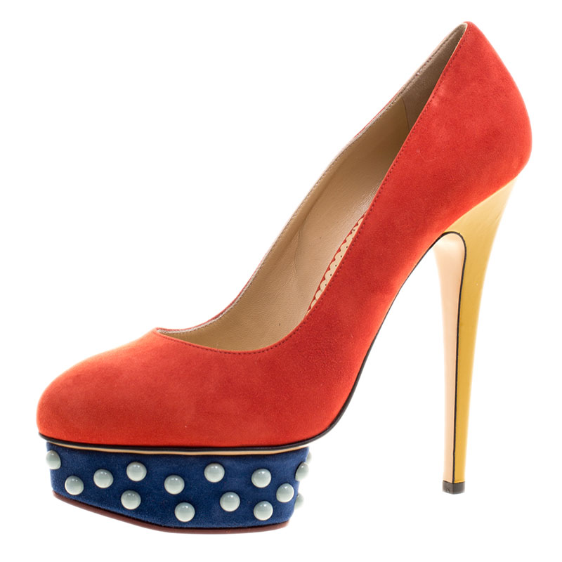 Pre Owned حذاء كعب عالي شارلوت أوليمبيا نعل سميك ترصيعات دولي  سويدي ثلاثي اللون مقاس 40