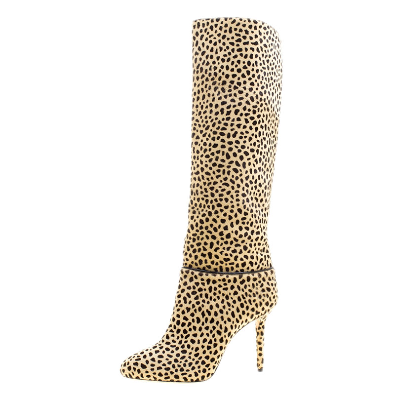 Pre Owned Charlotte Olympia Beige Leopard Print Pony Hair Corine Knee High Boots Size 39
