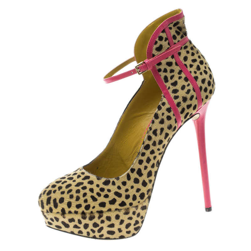 Charlotte Olympia Leopard Pony Hair Lucille Ankle Strap Platform Pumps Size 38