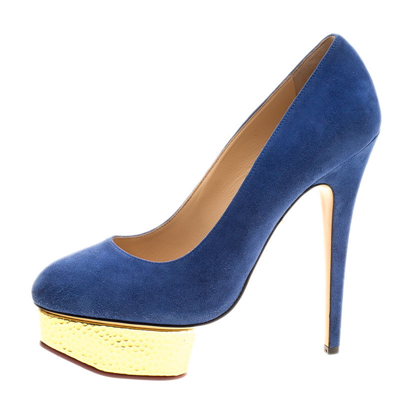 

Charlotte Olympia Blue Suede Dolly Platform Pumps Size