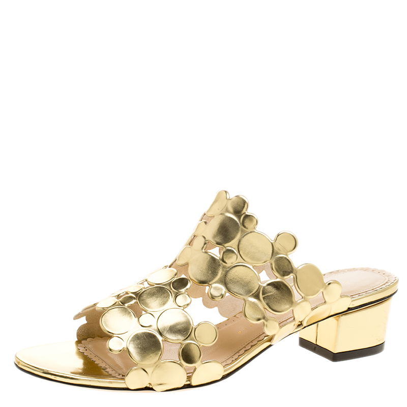 Pre Owned Charlotte Olympia Metallic Gold Leather Conceptual Peep Toe Slides Size 36
