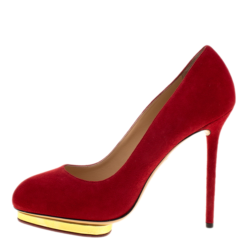 

Charlotte Olympia Red Suede Dotty Platform Pumps Size