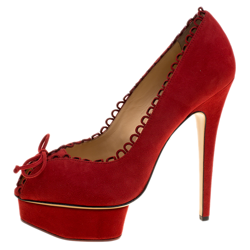 

Charlotte Olympia Red Suede Daphne Scalloped Trim Peep Toe Platform Pumps Size