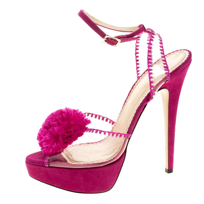 Pre Owned Charlotte Olympia Pink PVC and Suede Pomeline Peep Toe Platform Sandals Size 40