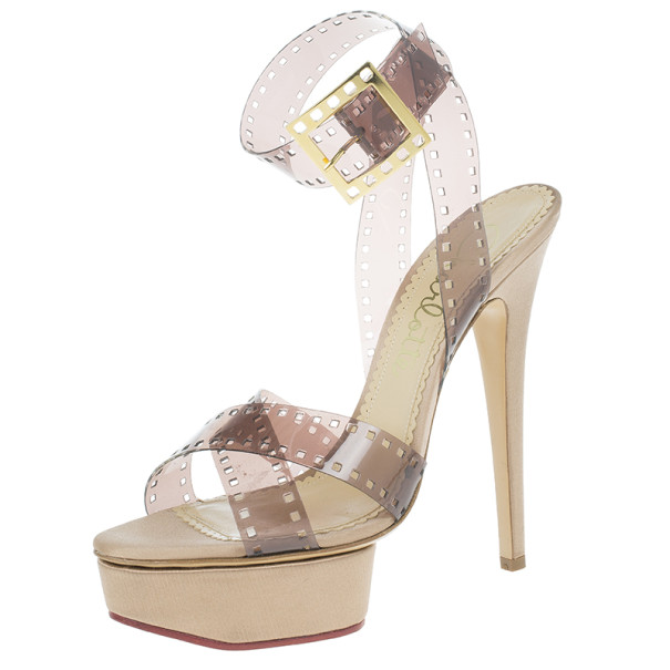 Pre Owned Charlotte Olympia Beige Vinyl and Satin Girls On Film Platform Sandals Size 39