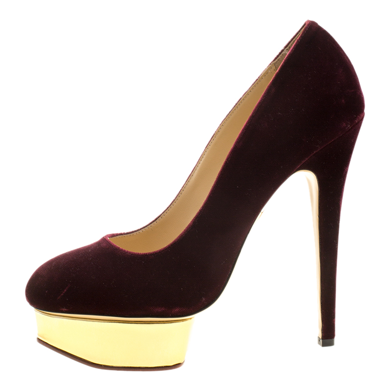 

Charlotte Olympia Burgundy Velvet Dolly Platform Pumps Size