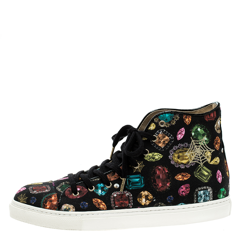 

Charlotte Olympia Multicolor Jewel Print Canvas High Top Sneakers Size