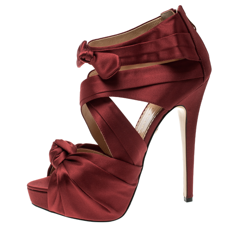 

Charlotte Olympia Red Satin Andrea Cross Strap Knotted Platform Sandals Size