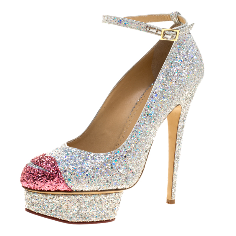 Pre Owned Charlotte Olympia Silver Glitter Kiss Me Dolores! Ankle Strap Platform Pumps Size 41