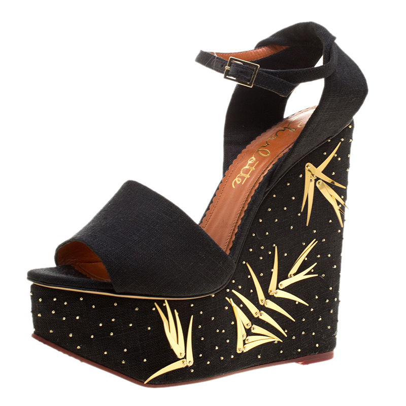 Charlotte Olympia Black Canvas Mischievous Peep Toe Embellished Wedge Sandals Size 41
