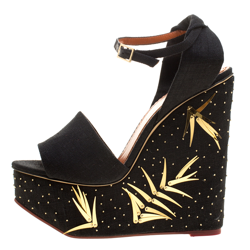 

Charlotte Olympia Black Canvas Mischievous Peep Toe Embellished Wedge Sandals Size