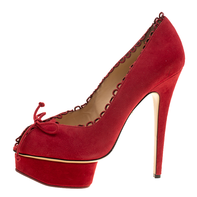 

Charlotte Olympia Red Suede Daphne Scalloped Trim Peep Toe Platform Pumps Size