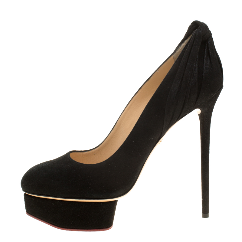 

Charlotte Olympia Black Suede Dolly Platform Pumps Size