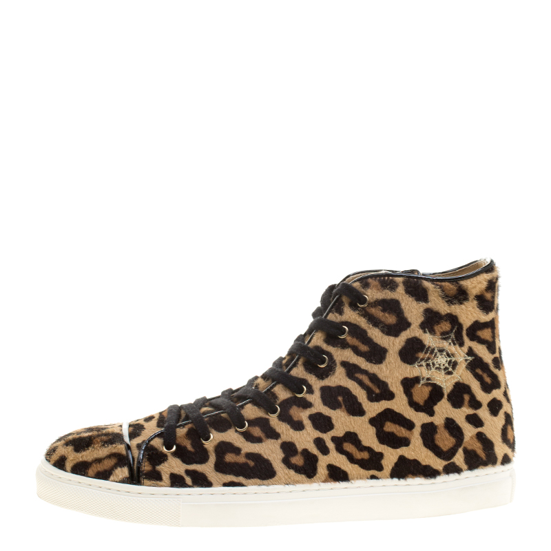 

Charlotte Olympia Beige Leopard Print Pony Hair Purrfect High Top Sneakers Size